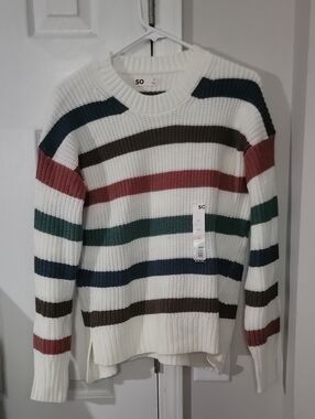 SO White Crewneck Sweater with Navy, Brown, Red, and Green Stripes
